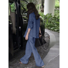 批发2026年夏季新款时尚大码休闲套装女宽松长袖蓝色<b class='q'>衬衫</b>阔腿裤两件套