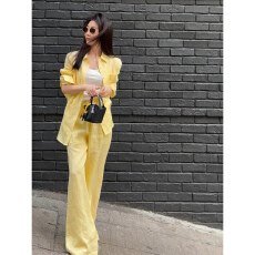 批发老钱风仿亚麻<b class='q'>衬衫</b>套装女夏洋气减龄显白黄色棉麻防晒衣休闲裤套装