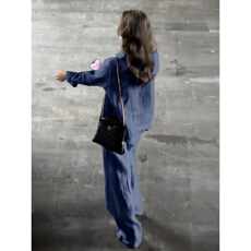 批发2026年夏季新款时尚大码休闲套装女宽松长袖蓝色<b class='q'>衬衫</b>阔腿裤两件套