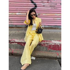 批发老钱风仿亚麻<b class='q'>衬衫</b>套装女夏洋气减龄显白黄色棉麻防晒衣休闲裤套装