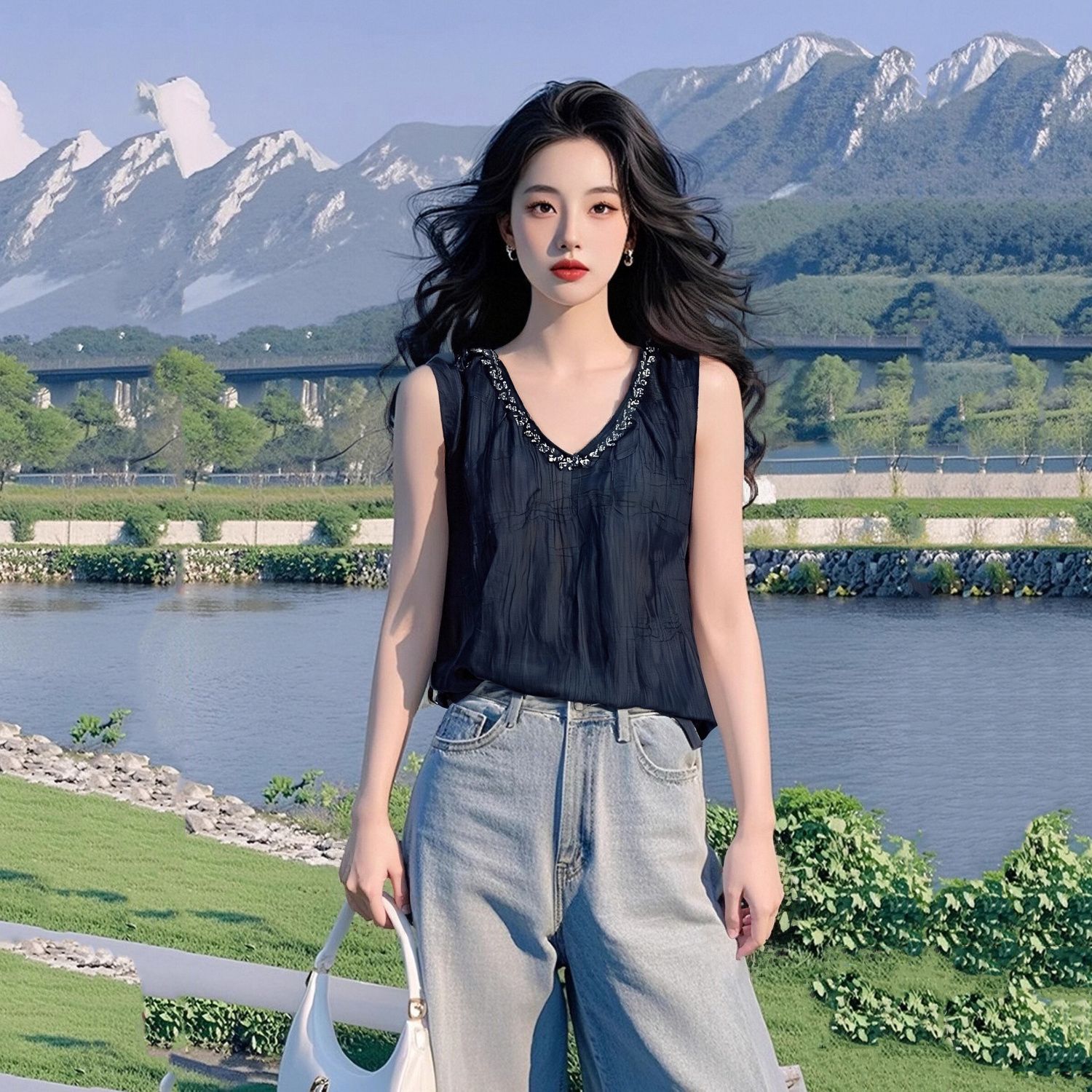 유럽 상품 새로운 2026 봄 여름 편안함 루즈핏 검정색 스팽글 주름 디자인 라운드 넥 다용도 반팔 티셔츠 여성