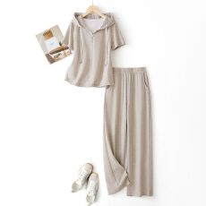 批发时尚连帽<b class='q'>卫衣</b>直筒裤两件套女2026春夏新款短袖上衣裤子套装