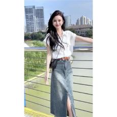 批发今年流行时尚炸街港风高级感网红减龄小香风衬衫<b class='q'>牛仔</b>半身裙<b class='q'>套装</b>夏