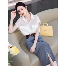 批发今年流行时尚炸街港风高级感网红减龄小香风衬衫<b class='q'>牛仔</b>半身裙<b class='q'>套装</b>夏