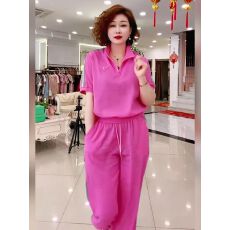 批发夏季旅游穿搭炸街高级感玫红色休闲运动装短袖卫衣束脚裤两件套<b class='q'>女</b>