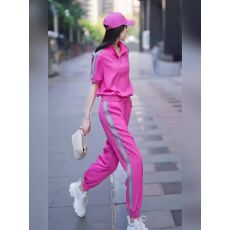 批发夏季旅游穿搭炸街高级感玫红色休闲运动装短袖卫衣束脚裤两件套<b class='q'>女</b>
