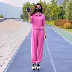 批发夏季旅游穿搭炸街高级感玫红色休闲运动装短袖卫衣束脚裤两件套<b class='q'>女</b>