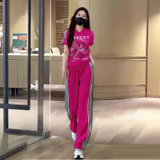 批发<b class='q'>女士</b>休闲服运动套装女2026春夏季新款粉色连帽宽松短袖T恤两件套