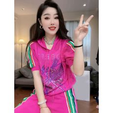批发<b class='q'>女士</b>休闲服运动套装女2026春夏季新款粉色连帽宽松短袖T恤两件套