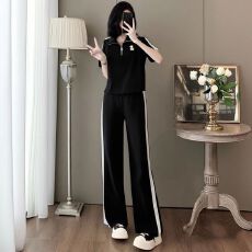 批发潮流时尚休闲运动<b class='q'>套装</b><b class='q'>女</b>夏2026新款黑色短袖上衣高腰阔腿裤<b class='q'>两件</b>套