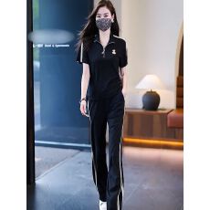 批发潮流时尚休闲运动<b class='q'>套装</b><b class='q'>女</b>夏2026新款黑色短袖上衣高腰阔腿裤<b class='q'>两件</b>套