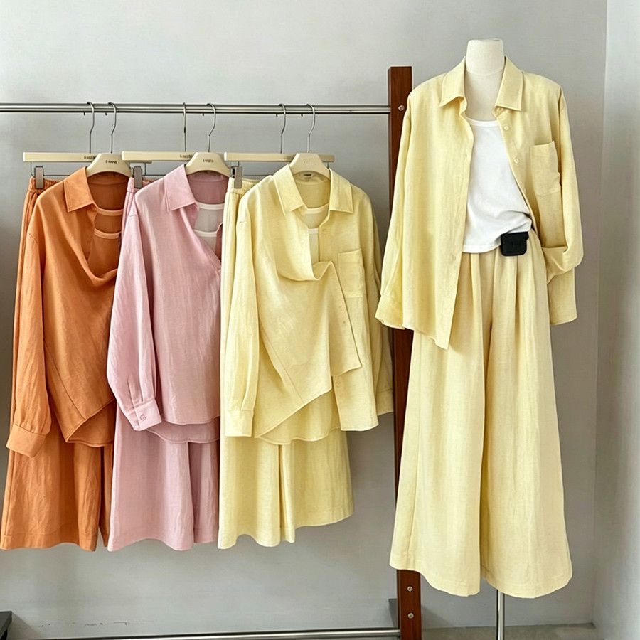 품격 전체 집합 ootd 오래된 돈 바람 여름 착용 가져 가라. 여성 느슨함 느긋한 센스 캐주얼 셔츠 와이드 레그 팬츠 투피스 세트