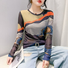 批发洋气长袖T恤女2026秋装新款欧货时尚扎染网纱上衣修身显瘦<b class='q'>打底衫</b>