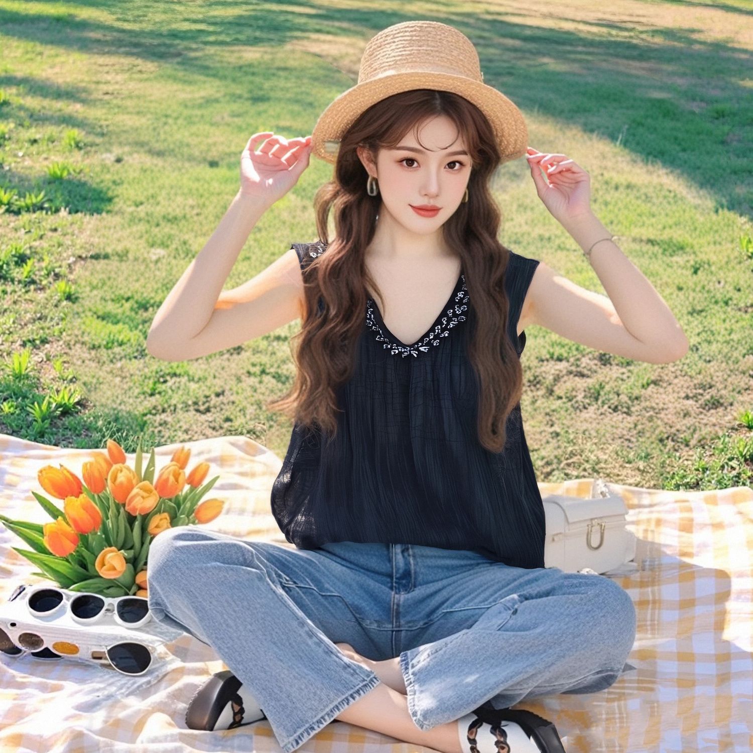 패션 무거운 작업 비즈 여름 새로운 디자인 센스 다이아몬드 세팅 루즈핏 주름 질감 센스 Feifei 소매 셔츠 여성 셔츠