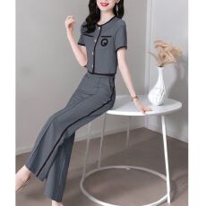 批发夏季2026新款女士高端品牌小香风套装女短袖开<b class='q'>衫</b>高腰阔腿裤两件套