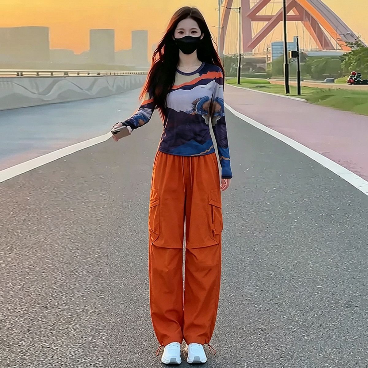 고급 센스 자이언트 잘 생긴 ~ 중 캐주얼 스포츠 슈트 여성 봄 여름 새로운 헤일로 염료에 의류 워크웨어 와이드 레그 팬츠 투피스 세트