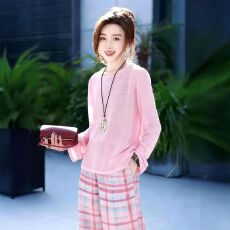 批发ootd松弛感穿搭套装2026年夏季宽松休闲长袖T恤格子裤两件套<b class='q'>女装</b>