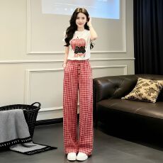 批发欧货休闲<b class='q'>运动</b>套装女2026新款夏季<b class='q'>韩版</b>宽松高腰格子阔腿裤两件套潮