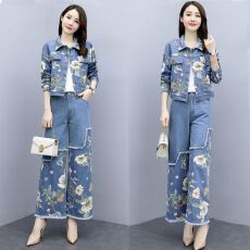 批发欧洲站时尚休闲印花牛仔套装女春<b class='q'>秋</b>季新款高级感洋气大码两件套