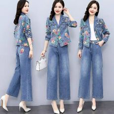 批发时尚印花牛仔套装新款名媛气质潮流女神范洋气时髦阔腿裤两件套女