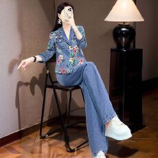 批发时尚印花牛仔套装新款名媛气质潮流女神范洋气时髦阔腿裤两件套女
