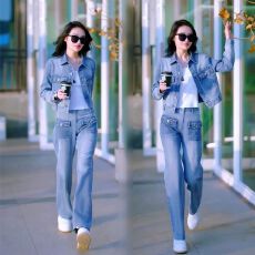 批发炸街牛仔衣套装女2026春<b class='q'>秋</b>新款韩版时尚洋气高腰直筒裤高档两件套
