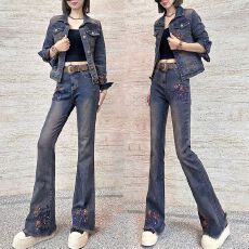 批发时尚牛仔套装女春<b class='q'>秋</b>季新款复古短外套修身喇叭裤休闲两件套
