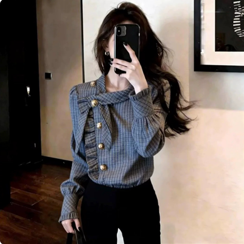 프랑스식 레트로 품격 체크무늬 긴팔 셔츠 여성 의류 2026 봄 새로운 캐주얼 출퇴근 로얄 자매 셔츠 맨위
