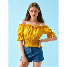 批发2026夏季新款短袖百搭纯色上衣小性感一字领露肩短款韩风女<b class='q'>衬衫</b>