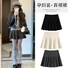 批发现孕妇无<b class='q'>托腹</b>毛呢百褶裙女秋冬2025新款高腰显瘦短裙小个子a字裙