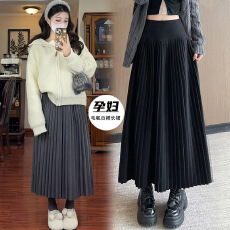 批发现孕妇<b class='q'>毛</b>呢百褶长裙女秋季2025新款高腰托腹显瘦a字休闲垂感伞裙