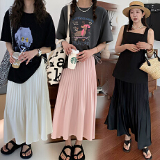 批发现优质孕妇醋酸缎面半身<b class='q'>裙</b>女夏季2026新款高腰A字百褶百搭中长<b class='q'>裙</b>