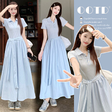 批发外出<b class='q'>哺乳</b><b class='q'>夏装</b>新款设计感气质宽松显瘦连衣裙polo领短袖长裙