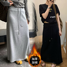 批发现孕妇慵懒风抽绳垂坠感后开叉秋冬季半身裙加绒韩系显瘦包臀长裙