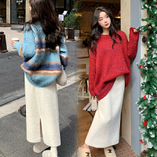 批发现孕妇毛线针织水貂绒女秋冬半身裙百搭坠感直筒开叉包臀加绒裙子