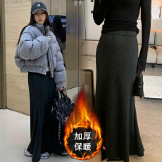 批发现孕妇黑色半身裙女秋冬季新款复古高腰设计感糯米加绒鱼尾长裙子