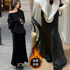 批发现孕妇黑色半身裙新款女秋冬季复古高腰设计感糯米加绒鱼尾裙子