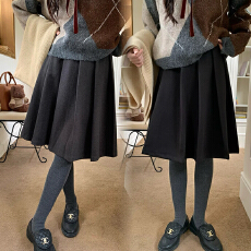 批发孕妇百褶中长裙新款女秋冬季毛呢无托腹高腰韩系伞裙五分裙中裙