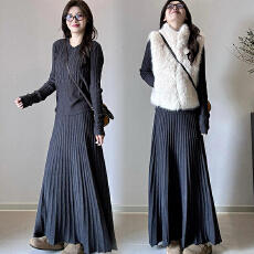 批发现孕妇装半身裙秋冬季针织新款百褶羊毛裙百搭外穿长款A字大摆裙