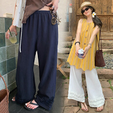 批发现孕妇棉麻阔腿裤女夏季2026新款双层木耳边孕妇宽松直筒休闲裤子
