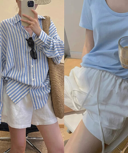 지금 임산부 화이트 면 린넨 운동 넓은 다리가 짧다. 바지 여성 여름 새로운 얇은 스타일 펌프 로프 작은 키 아마 짧은 바지