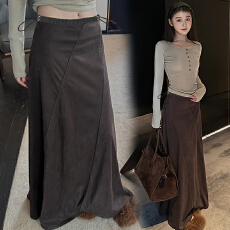 批发现孕妇咖色麂皮绒半身裙女2026秋季新款复古百搭侘寂风大裙摆长裙