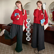 批发现孕妇毛呢花边波点阔腿裤女2026秋冬韩系直筒宽松百搭显瘦阔腿裤