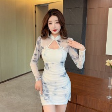 批发实拍改良版<b class='q'>旗袍</b>连衣裙女秋款性感网纱印花修身包臀裙长袖显瘦裙子