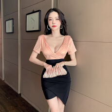批发实拍性感深V撞色连衣裙收腰显瘦不规则包臀裙气质夜场<b class='q'>小礼服</b>短裙