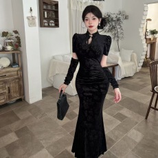 批发实拍改良旗袍连衣裙女丝绒提花鱼尾裙复古气质<b class='q'>修身</b>宴会礼服长裙