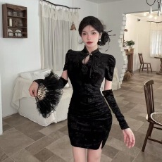批发实拍改良旗袍连衣裙女短款丝绒提花<b class='q'>修身</b>显瘦气质复古宴会包臀裙