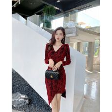 批发实拍新款<b class='q'>欧美</b>气质收腰显瘦时尚气质V领中长款不规则礼服连衣裙