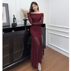 批发实拍设计感露肩长袖小黑裙女收腰显瘦网纱拼接鱼尾裙约会派对长裙