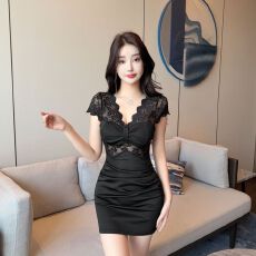 批发实拍性感镂空<b class='q'>蕾丝</b>拼接 V 领<b class='q'>连衣裙</b>短裙女修身显瘦蝴蝶结包臀裙
